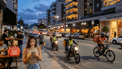 Cena urbana moderna em Niterói durante o início da noite, com pessoas utilizando aplicativos de delivery no celular, entregadores realizando entregas de moto e bicicleta e prédios residenciais ao fundo, representando o crescimento do consumo de delivery na cidade.