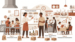 Ilustração corporativa em fundo branco com detalhes em terracota mostrando o processo de onboarding de novos colaboradores em uma operação de delivery. Um gestor orienta um novo funcionário enquanto apresenta etapas de integração representadas por ícones de treinamento, acompanhamento e avaliação de desempenho. 