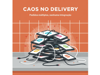 Ilustração de múltiplos tablets de delivery desorganizados e empilhados, criando confusão em uma bancada de cozinha.