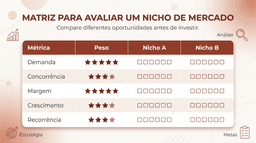 Ilustração de uma matriz de avaliação de nichos de mercado, com tabela comparando demanda, concorrência, margem de lucro, crescimento e recorrência entre dois nichos. O design utiliza tons de branco e terracota, com elementos gráficos que remetem à análise estratégica e tomada de decisão.