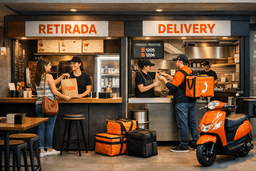 Esta imagem ilustra perfeitamente a operação de um estabelecimento focado em conveniência e agilidade, dividido em duas frentes de serviço. O ambiente é moderno, com uma iluminação industrial acolhedora e uma paleta de cores centrada no laranja, preto e madeira.