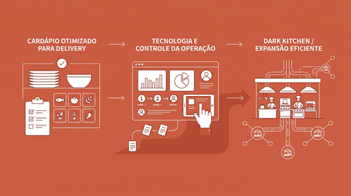 Ilustração mostrando soluções para melhorar o delivery: cardápio otimizado, uso de tecnologia na gestão e operação em dark kitchen para escalar o negócio