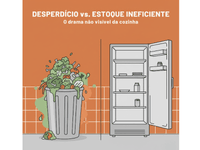 Ilustração de lixo orgânico na cozinha e uma geladeira com prateleiras vazias, simbolizando desperdício e falta de estoque.
