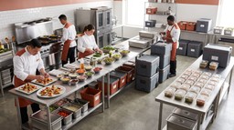 Profissionais preparam alimentos em cozinha para serviço de catering