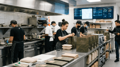Equipe de restaurante preparando pedidos para delivery em uma cozinha profissional moderna, com embalagens organizadas, telas de pedidos digitais e entregador retirando encomendas, representando estratégias para aumentar as vendas delivery e melhorar a eficiência operacional.