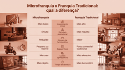 Imagem comparativa em formato horizontal 16:9 com design corporativo moderno mostrando as diferenças entre microfranquia e franquia tradicional. A arte apresenta duas colunas comparando investimento inicial, estrutura operacional, número de funcionários, espaço físico, custos operacionais e tempo de abertura. O lado da microfranquia destaca operação enxuta, menor investimento e abertura mais rápida, enquanto a franquia tradicional representa estrutura maior e custos mais elevados. Elementos visuais remetem a delivery, empreendedorismo e expansão de negócios.