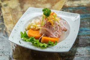 Plato de ceviche, representando los tipos de comida peruana.