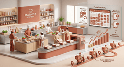Ilustração mostrando uma operação de marmitas por assinatura com produção organizada, pedidos recorrentes e planejamento de faturamento para negócios de delivery.