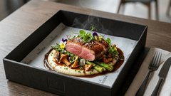 Um prato sofisticado e elegante servido em uma caixa preta de apresentação sobre uma mesa de madeira escura. No centro, há um corte de carne rosada e suculenta, com a pele dourada e crocante, finalizada com ervas frescas e pequenas flores comestíveis coloridas.