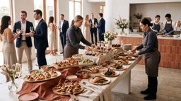 Equipe de catering organiza buffet com alimentos variados para evento