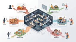 Ilustração de uma dark kitchen operando múltiplas marcas ao mesmo tempo, conectando uma única cozinha a diferentes tipos de restaurantes como hambúrguer, pizza e comida saudável.