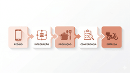 Fluxo operacional de uma dark kitchen mostrando as etapas de pedido, integração, produção, conferência e entrega em um processo estruturado de delivery.
