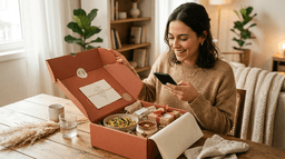 ma mulher sorridente está sentada à mesa em um ambiente aconchegante e iluminado com luz natural, segurando um smartphone enquanto observa uma caixa de delivery premium aberta à sua frente.