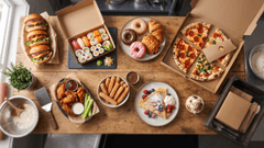 Diferentes opciones de comida para vender, como hamburguesas, pizza, alitas, sushi, donas, churros, crepes y productos horneados, organizadas sobre una mesa de cocina profesional.