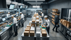 Ilustração de uma dark kitchen moderna mostrando cozinheiros trabalhando em estações organizadas, pedidos digitais em telas e preparo de refeições exclusivamente para delivery.