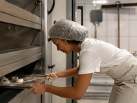 Descripción de la Imagen La imagen muestra a una joven panadera o chef de repostería en una cocina comercial, probablemente un horno o panadería, mientras realiza su trabajo con una expresión de concentración.