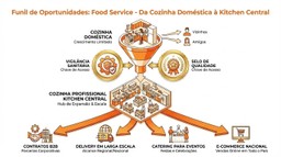 Infográfico demonstrando a expansão de canais de venda permitida por uma cozinha profissional, incluindo contratos B2B, eventos e e-commerce, garantidos pelo compliance e licenciamento sanitário.
