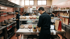 Emprendedor preparando pedidos en una cocina profesional tipo dark kitchen, con ingredientes, envases para delivery y estaciones de producción organizadas.